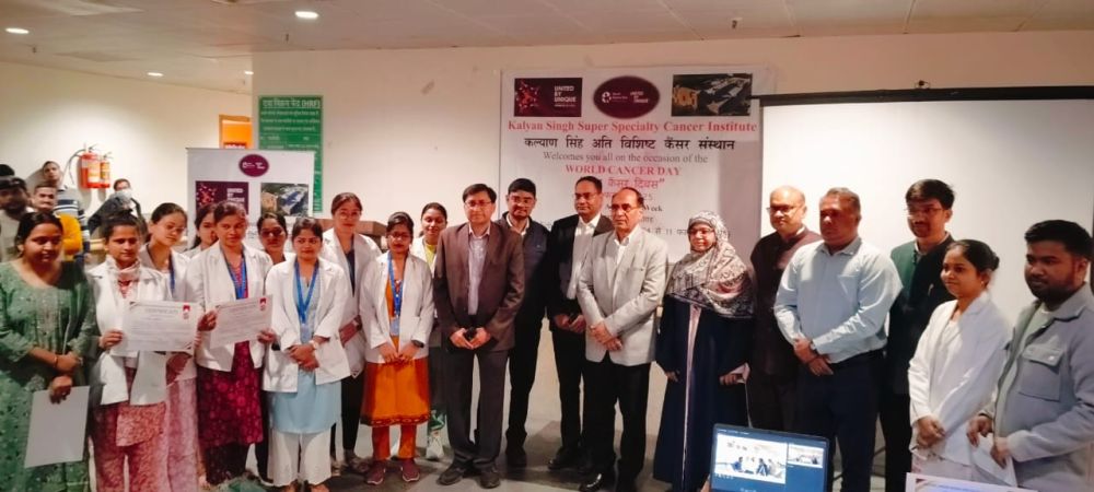 Cancer Awareness Week and World Cancer Day was celebrated from 04 February to 11 February 2025 in the first week of February to commemorate the World Cancer Day at Kalyan Singh Super Specialty Cancer Institute, Lucknow. This year the theme of World Cancer Day has been kept as ‘United by Unique’.The objective of this awareness week being run by the institute is to increase awareness about cancer and to make the society understand the importance of timely and proper treatment of cancer.
Cancer screening and cancer awareness programs were organized for the general public in the institute. Cancer Awareness Week made cancer patients and the general public aware about various cancer treatment methods such as surgery, chemotherapy, radiotherapy and targeted therapy.Along with this, special information was given about onco-nutrition, onco-psychiatry, onco-physiotherapy and palliative care.
OPD in the institute from 04.02.2025 to 11.02.2025.An 'Information Booth' was also opened on the first floor of the building, from where the patient, patient's assistant or anyone can get information mainly about symptoms and prevention related to breast cancer, oral cancer and pediatric cancer.
The Public Health Department of the institute also organized camps at different primary health centers and community health centers and provided information to the people mainly related to oral, breast and cervical cancer.Besides, people were also told that they can visit the institute for advice related to cancer related symptoms and prevention and precautions to avoid cancer etc.
Under 'Cancer Awareness Week', other special programs - Poster Competition and Rangoli Competition were organized. In this program, The Director of the institute, 
Prof. M.L.B. Bhatt, Dr. Sharad Singh Executive Registrar and Chief Medical Superintendent, Mr. RajnikantVerma(Finance Officer), Prof. SabuhiQureshi(Dean), Dr. Varun Vijay (Associate Professor), Dr. Ashim Rashid (Additional Professor), Dr. Pramod Kumar Gupta (Associate Professor), Dr. AyushLohia(Associate Professor) and other members of the faculty were present, in which the Prizes and Certificates decided in both the competitions were given by the Director of the Institute to the winners of first, second and third place.
On this occasion, Director of Kalyan Singh Super Specialty Cancer Institute, Prof. MLB Bhatt highlighted the need for awareness regarding cancer. He told that in present times cancer has become a common disease.Its main reason is unorganized and unhealthy lifestyle, which includes tobacco consumption, excessive alcohol consumption, irregular diet and pollution etc. If a person is ready to make some changes in his lifestyle, then in 60% of the cases cancer can be prevented before it occurs.
